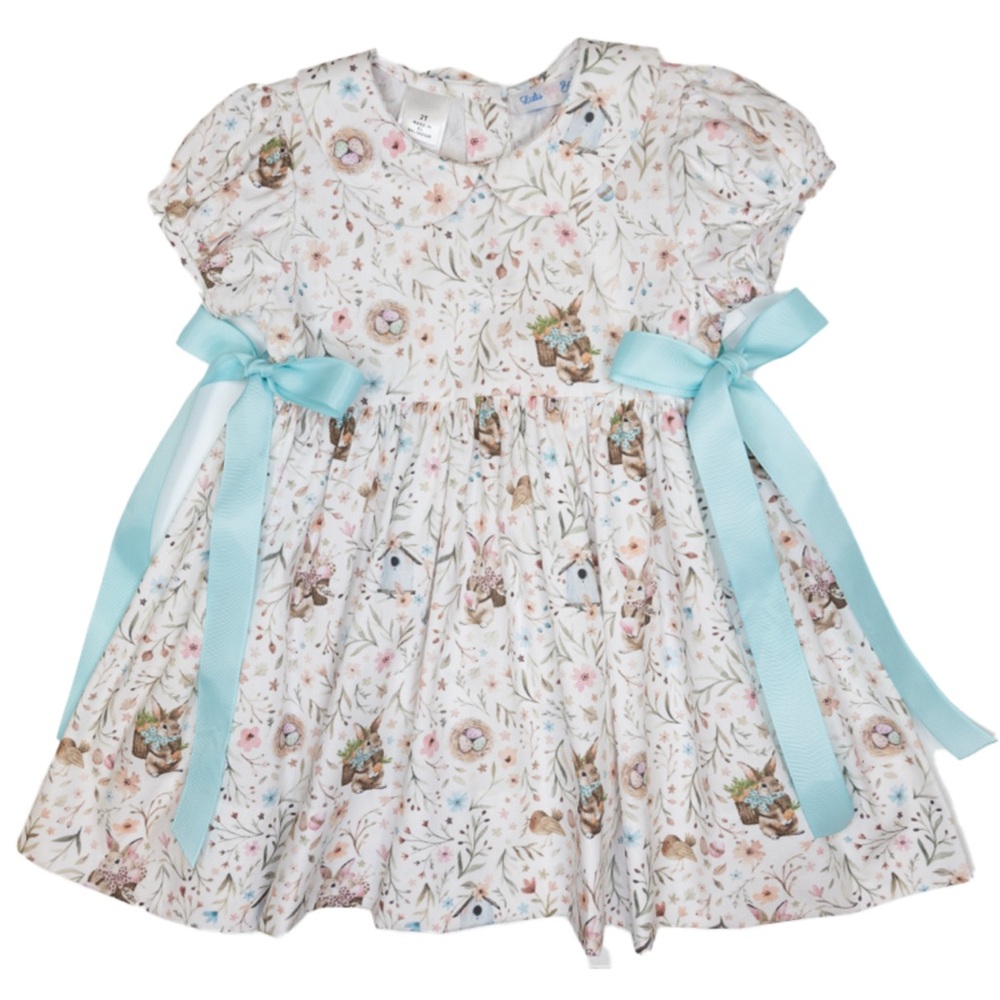 LULU BABY Floral Baby Dress with Blue Bows SIZE 6